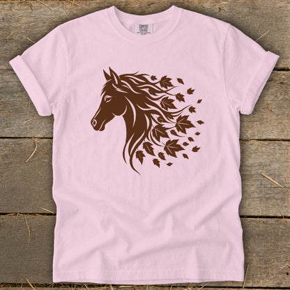 Pink t-shirt with brown horse head and flowing mane made of leaves
