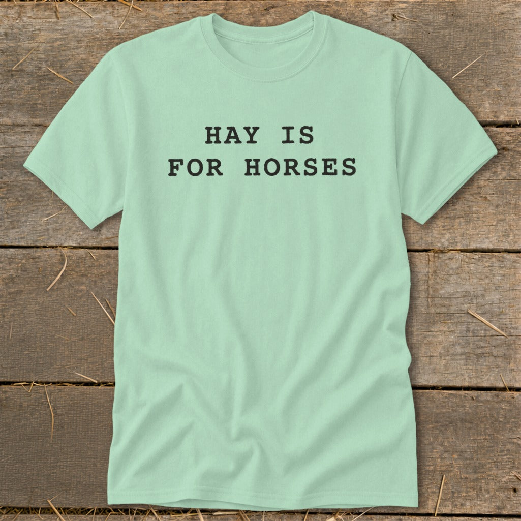 Light green t-shirt with black text "HAY IS FOR HORSES".