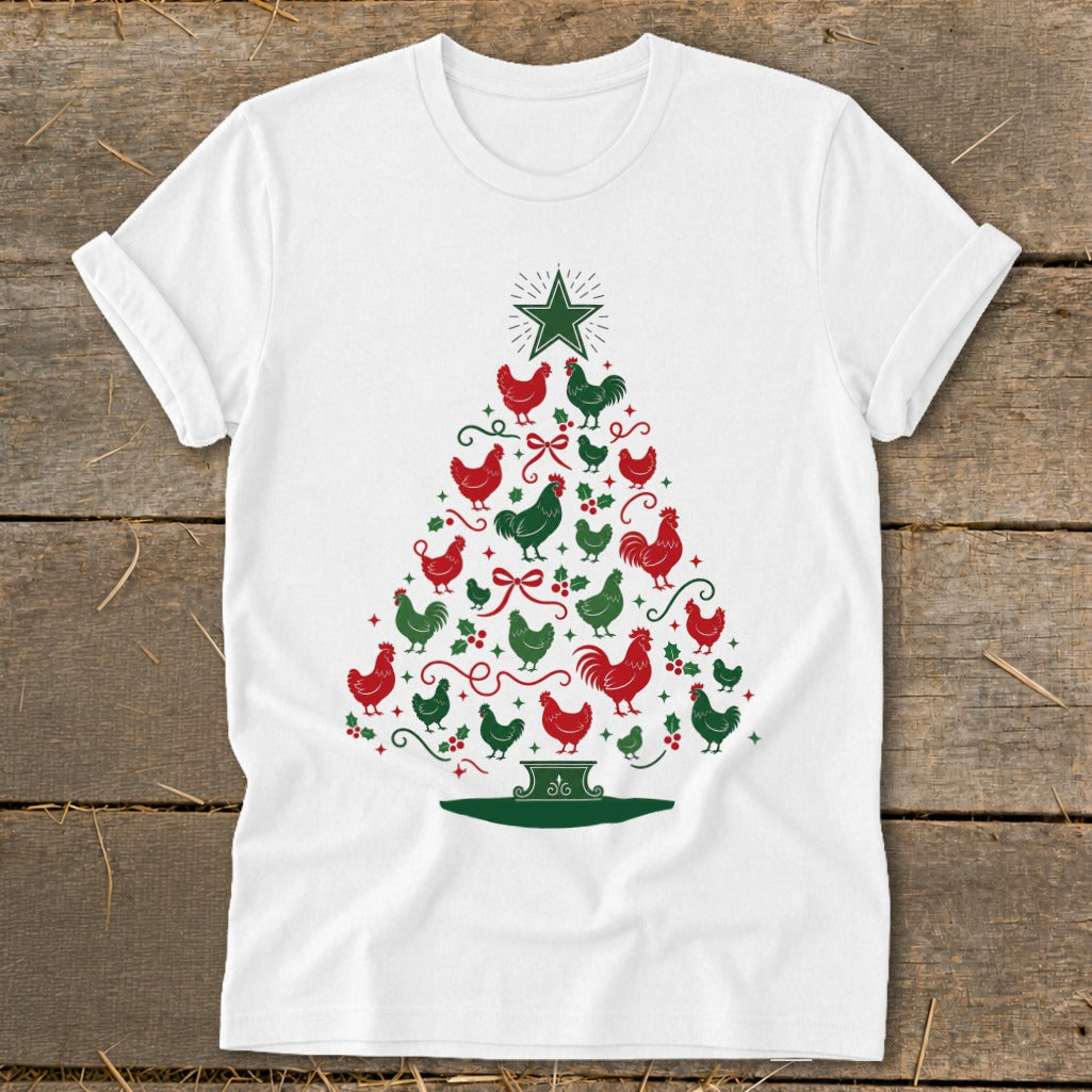 White t-shirt with a Christmas tree made of red and green chickens and holly.