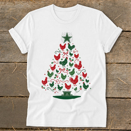 White t-shirt with a Christmas tree made of red and green chickens and holly.