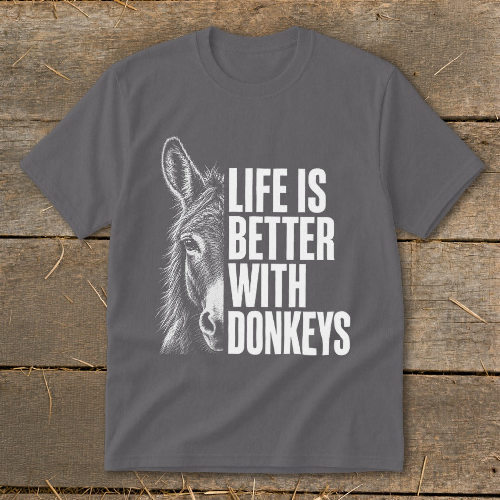 Dark grey t-shirt with donkey graphic and "Life is Better With Donkeys" text.