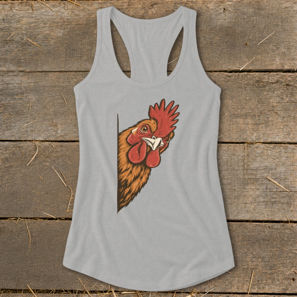 Grey tank top with a rooster peeking around the side.