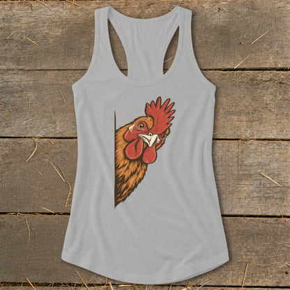 Grey tank top with a rooster peeking around the side.