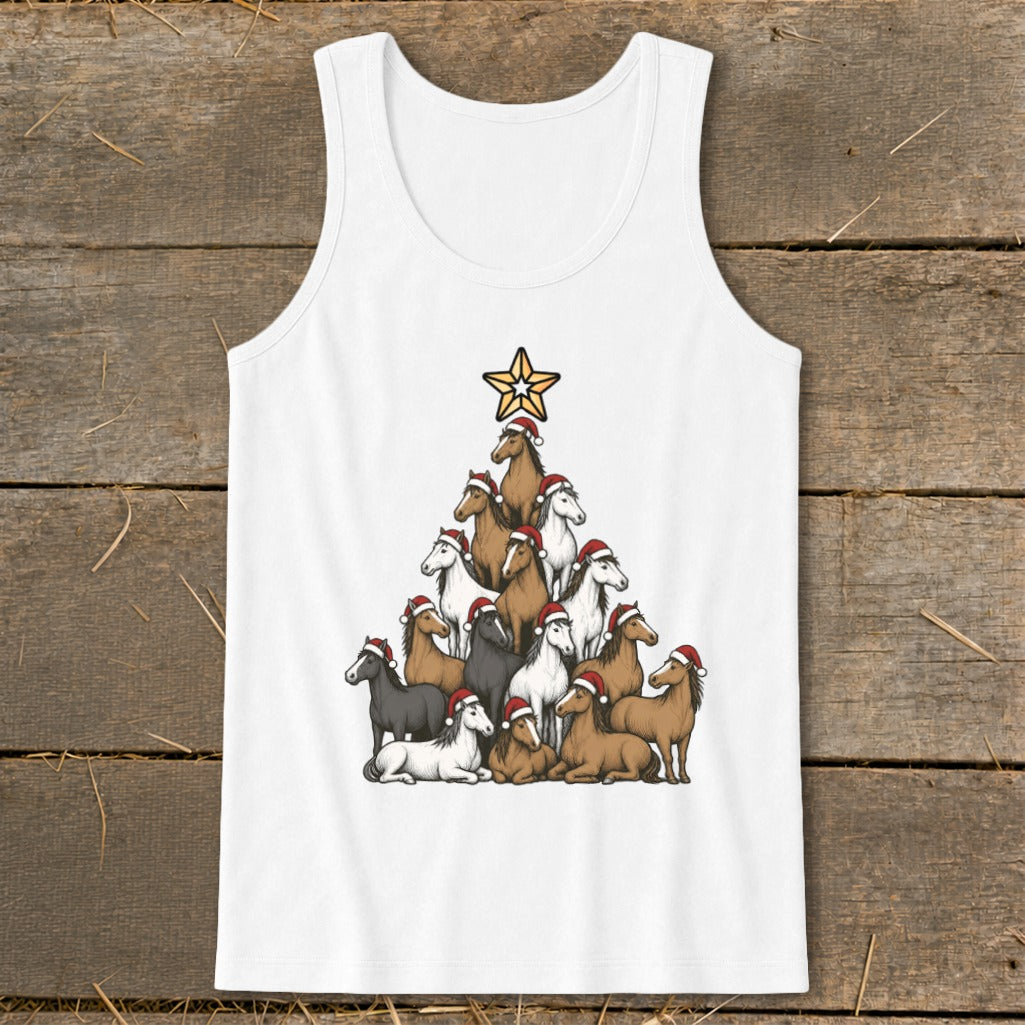 White tank top with a Christmas tree made of horses wearing Santa hats and a star topper.