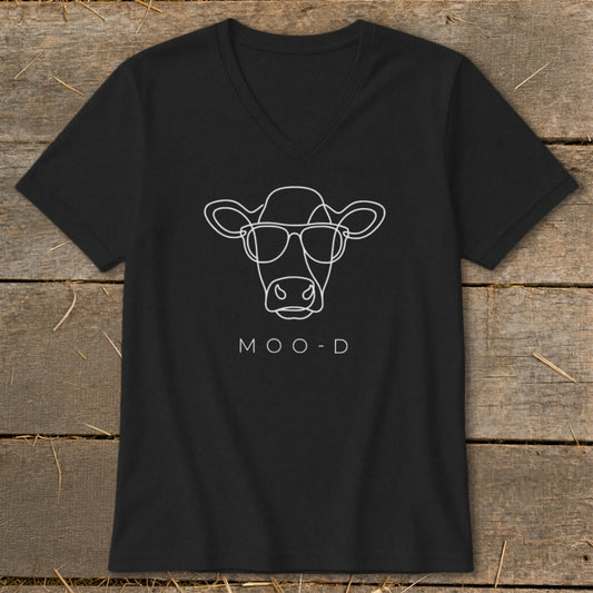 Black t-shirt with a white line drawing of a cow wearing sunglasses and the text "MOO-D".
