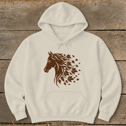 Cream hoodie with a brown horse head graphic transitioning into leaves.