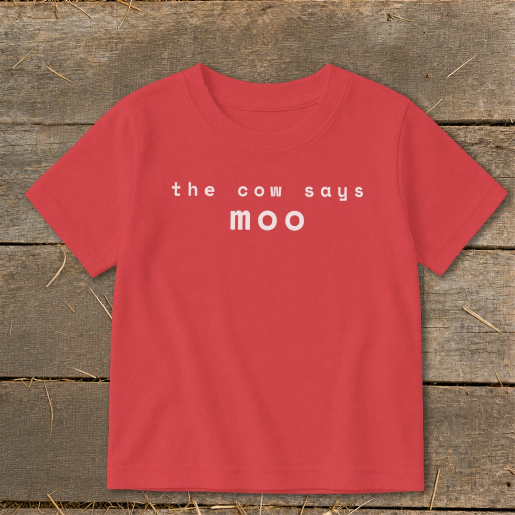 Red t-shirt with white text "the cow says moo"