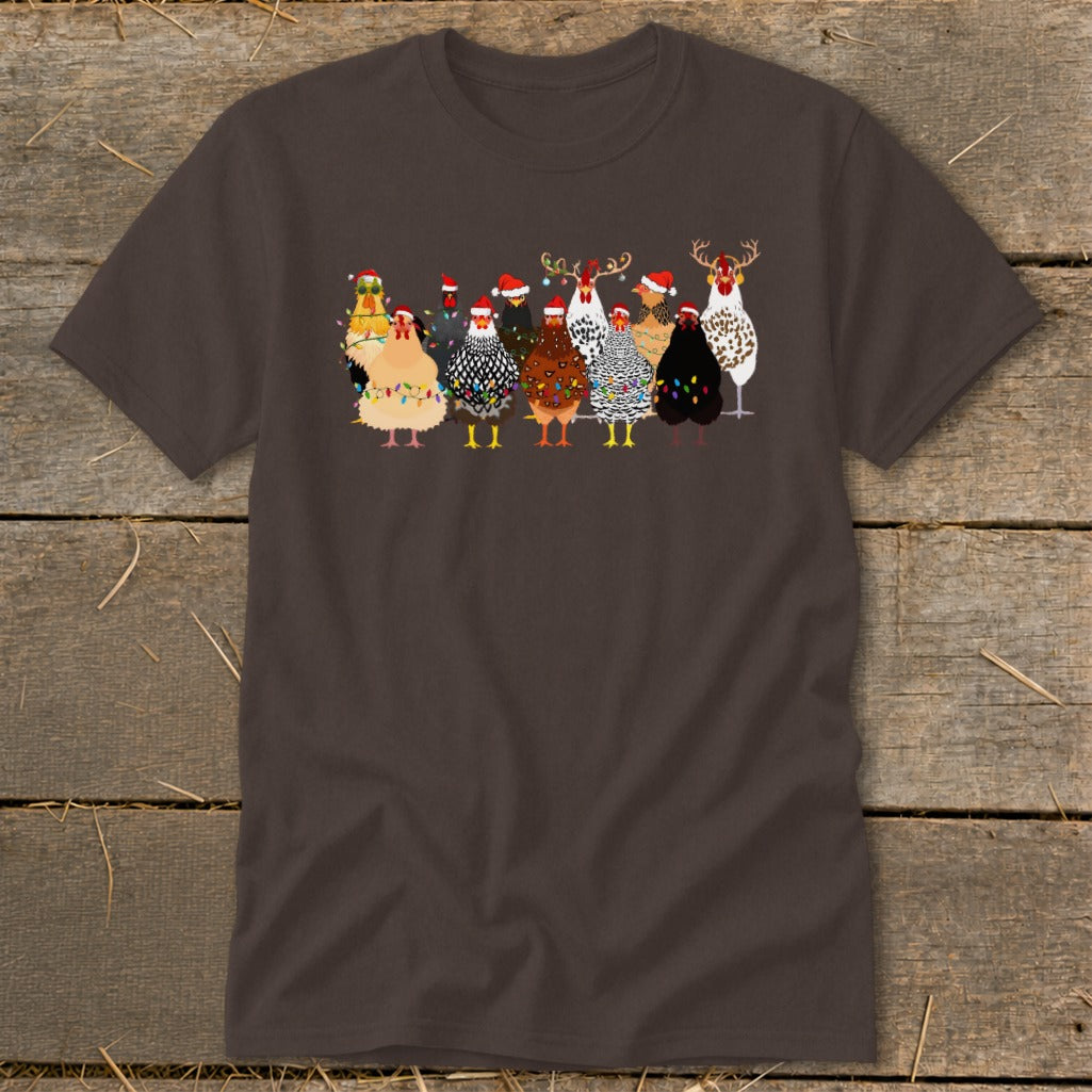 Group of chickens wearing Santa hats and Christmas lights with reindeer antlers.