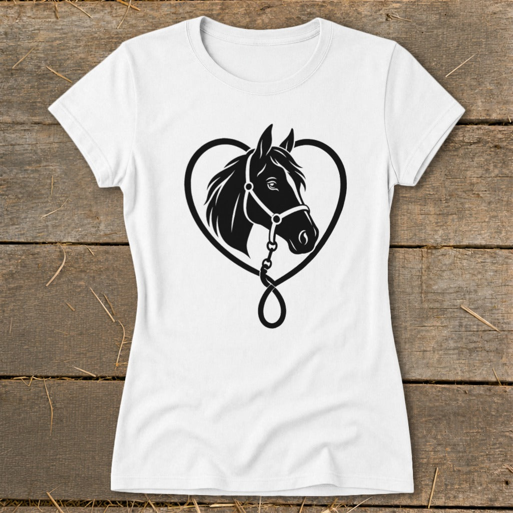 A white t-shirt featuring a black graphic of a horse's head framed by a heart shape.