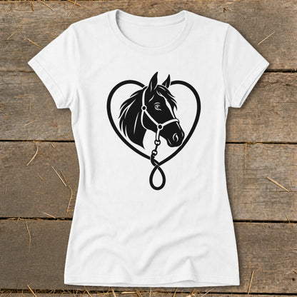 A white t-shirt featuring a black graphic of a horse's head framed by a heart shape.
