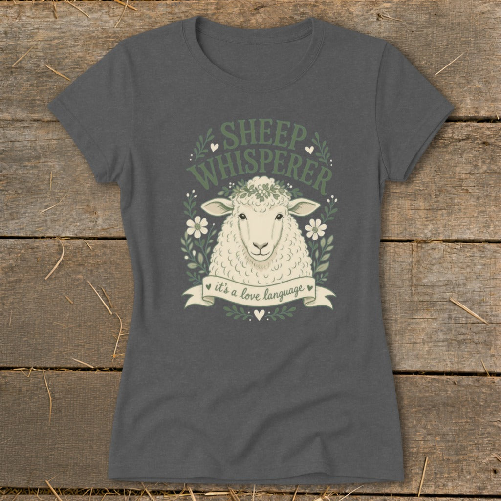 Sheep whisperer t-shirt with sheep wearing floral crown and text "it's a love language".