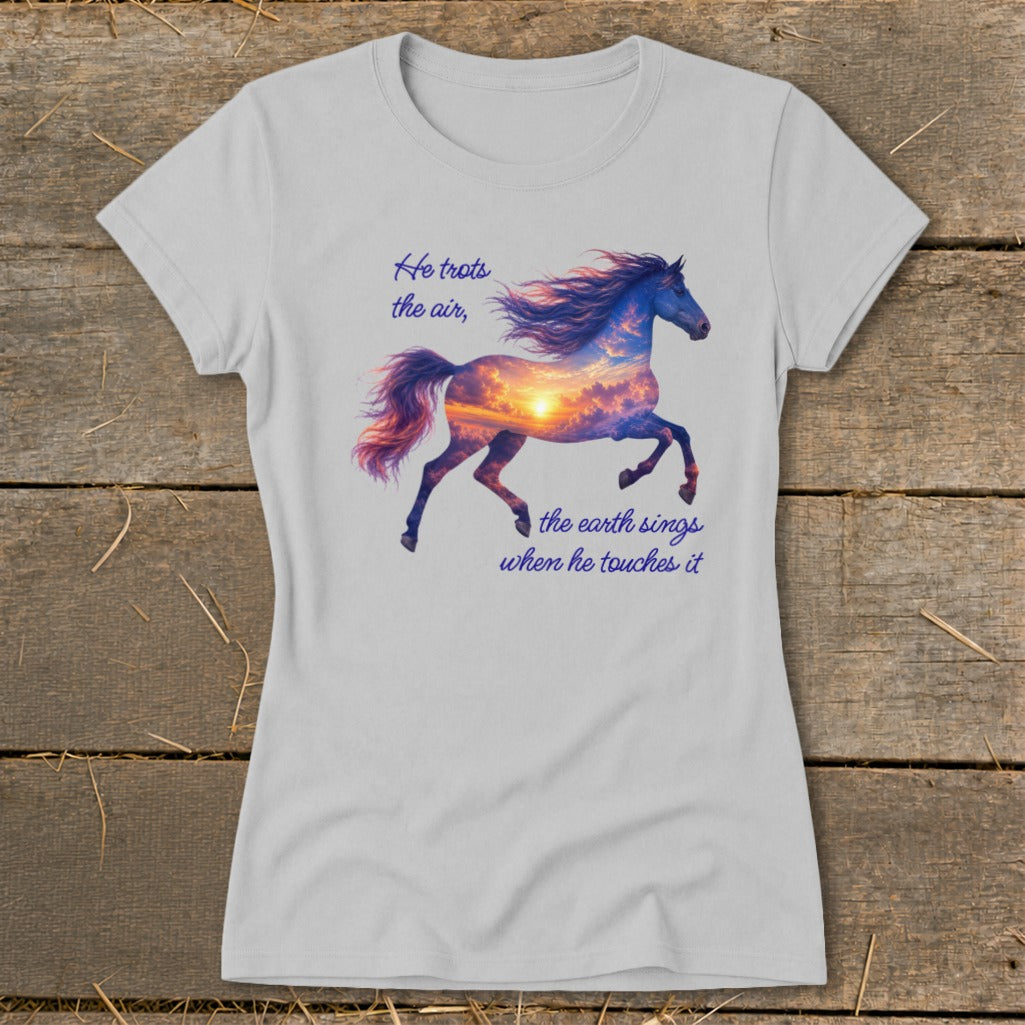 Light gray short-sleeved t-shirt featuring a running horse filled with a sunset sky and quote text.