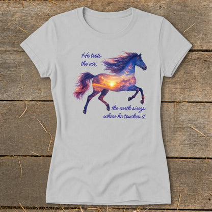 Light gray short-sleeved t-shirt featuring a running horse filled with a sunset sky and quote text.