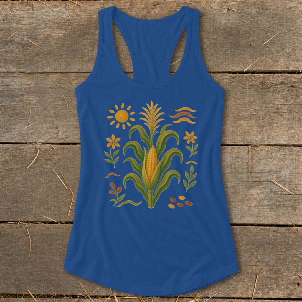 Blue tank top with a corn stalk and sun graphic design.