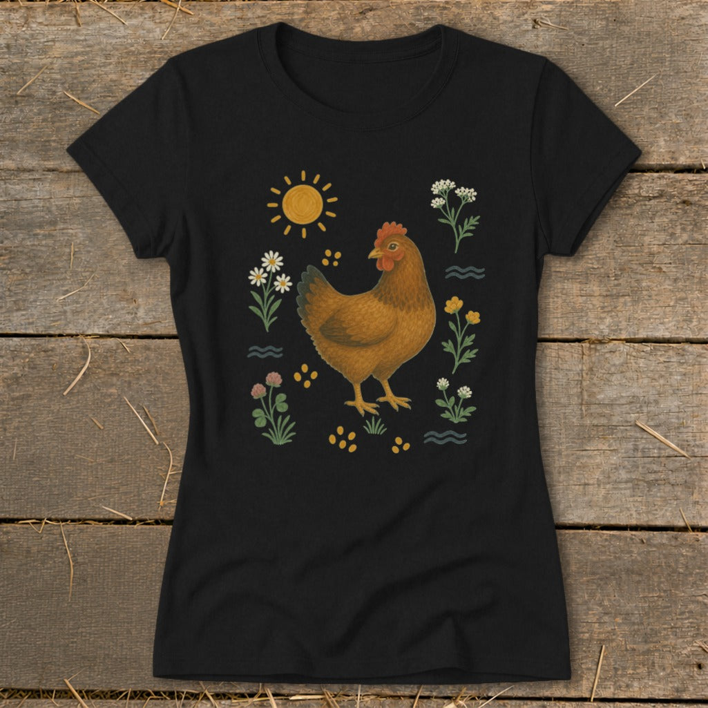 Black t-shirt with a brown hen surrounded by flowers, clover, and a sun.