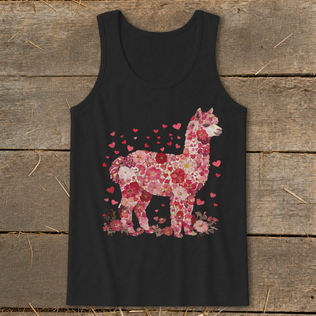 Black tank top with a floral alpaca design and scattered red hearts.