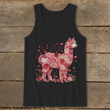 Black tank top with a floral alpaca design and scattered red hearts.