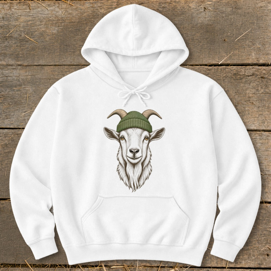 White hoodie with a drawing of a goat wearing a green beanie.