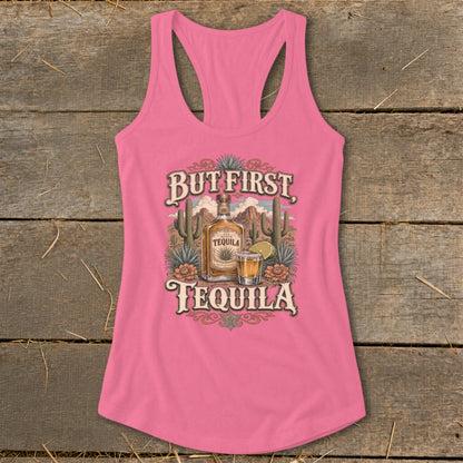 Pink tank top with "But First, Tequila" text and tequila bottle.