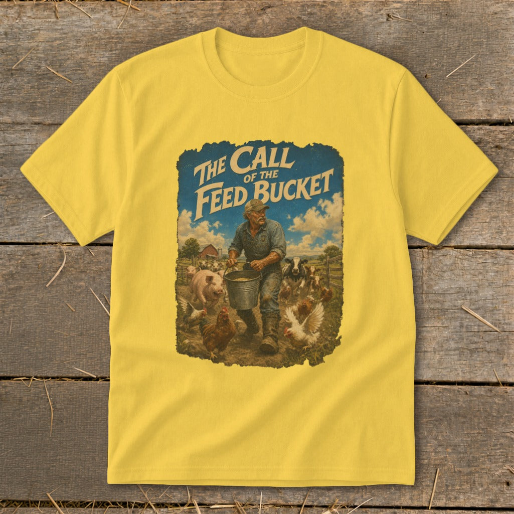 Yellow t-shirt with "The Call of the Feed Bucket" graphic of farmer feeding farm animals.