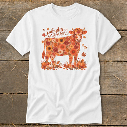 White t-shirt with a cow made of autumn flowers and the text "Pumpkin Season".