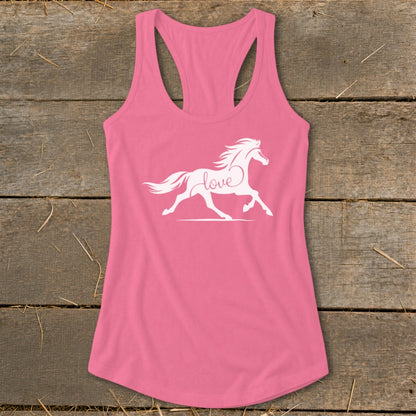 Pink racerback tank top with white running horse and "love" graphic.