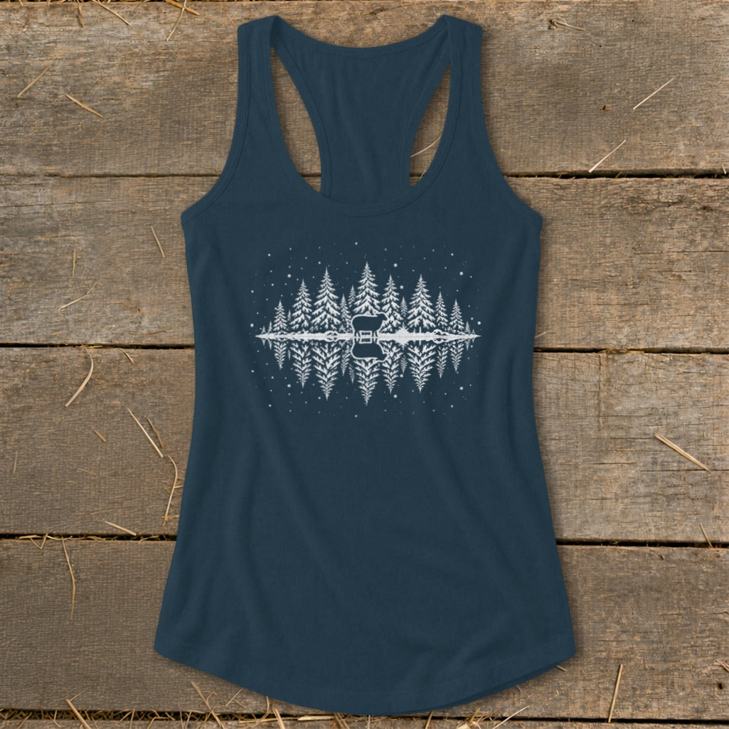 Navy tank top with a white pine forest and guitar silhouette reflected in water.