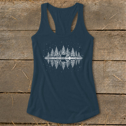 Navy tank top with a white pine forest and guitar silhouette reflected in water.