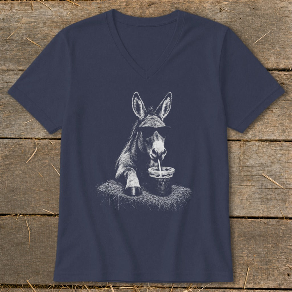 Navy v-neck t-shirt with sketch of donkey in sunglasses drinking from cup.