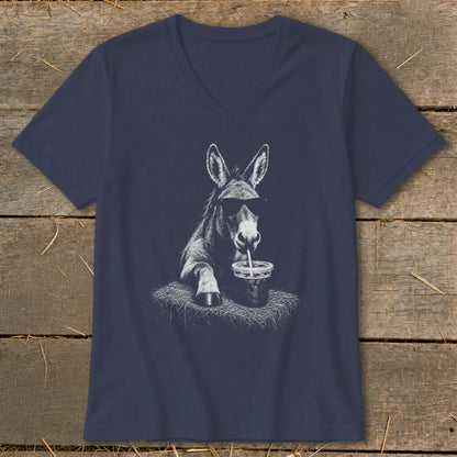 Navy v-neck t-shirt with sketch of donkey in sunglasses drinking from cup.