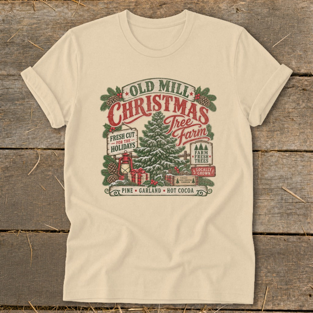 Old Mill Christmas Tree Farm graphic with a tree, gifts, and holiday text.
