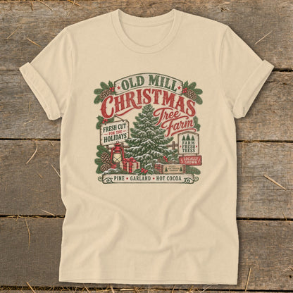 Old Mill Christmas Tree Farm graphic with a tree, gifts, and holiday text.