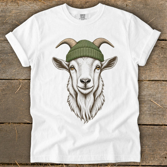 White t-shirt with a detailed illustration of a goat wearing a green beanie.