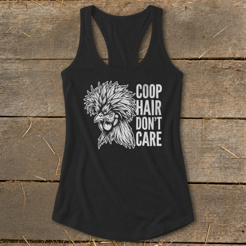 Black tank top with a fluffy chicken graphic and text "COOP HAIR DON'T CARE".