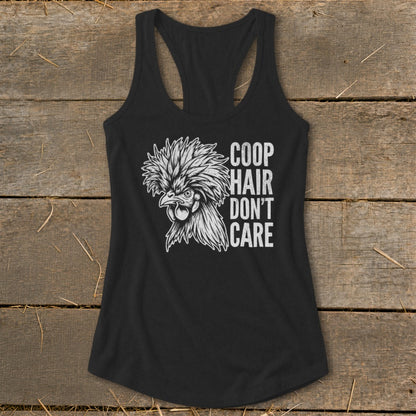 Black tank top with a fluffy chicken graphic and text "COOP HAIR DON'T CARE".