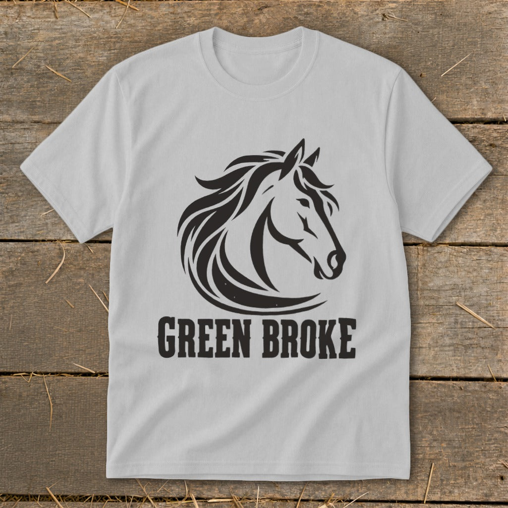 Light gray t-shirt featuring a black graphic of a horse head and the text GREEN BROKE.