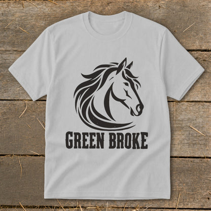 Light gray t-shirt featuring a black graphic of a horse head and the text GREEN BROKE.