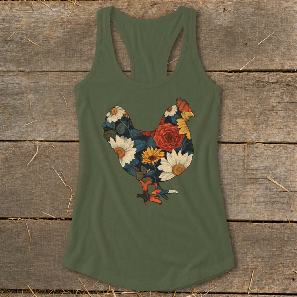 Olive green tank top with a floral chicken graphic on the front.