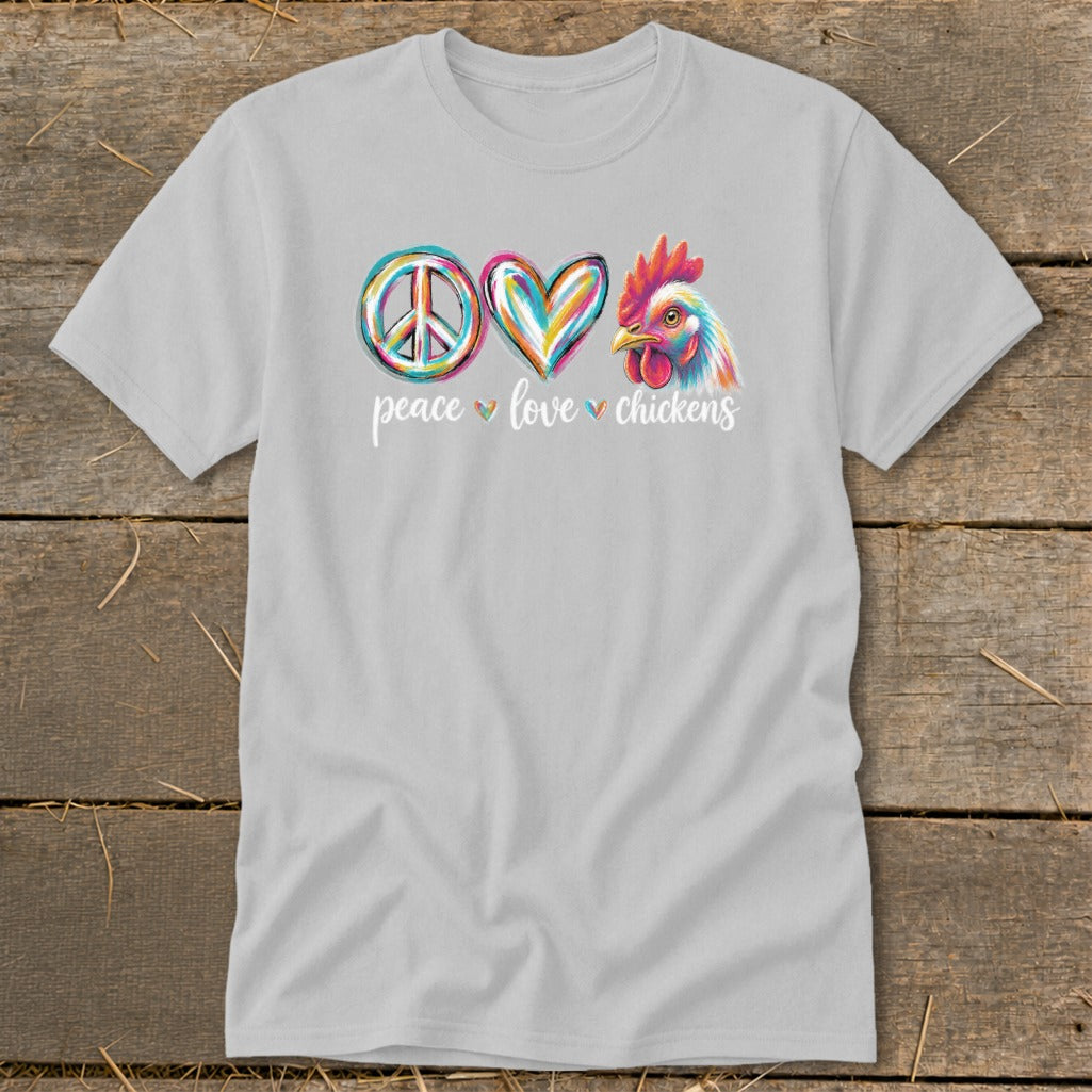 Grey t-shirt with peace sign, heart, and chicken graphic text peace love chickens.