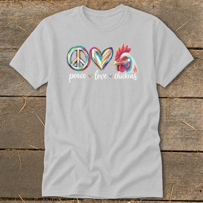 Grey t-shirt with peace sign, heart, and chicken graphic text peace love chickens.