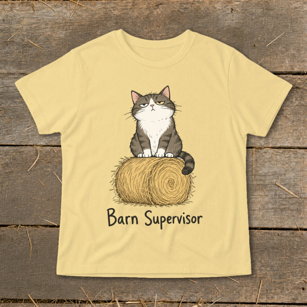 T-shirt with cartoon cat sitting on hay bale, text "Barn Supervisor."