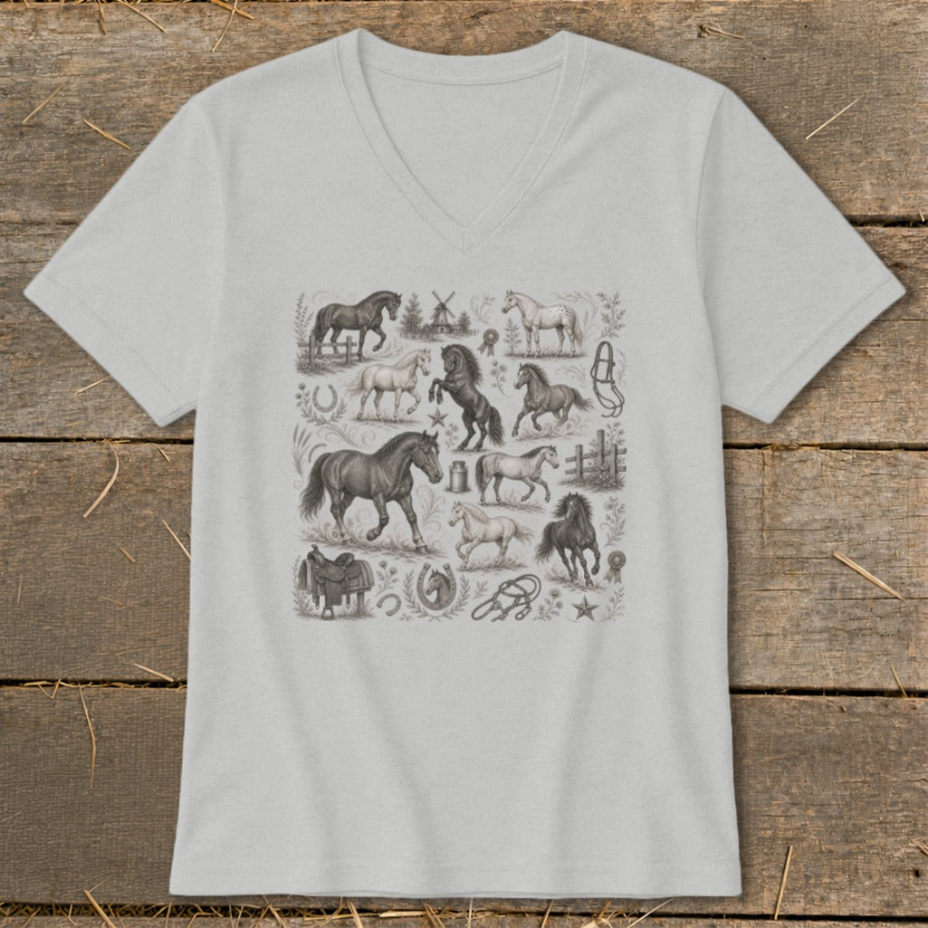 V-neck t-shirt with a vintage equestrian-themed sketch print of horses and saddles.