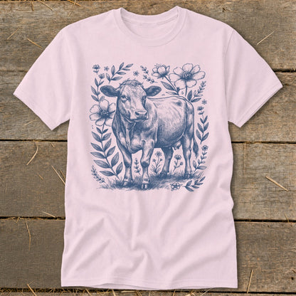 Pink t-shirt with a blue ink drawing of a cow surrounded by flowers and leaves.