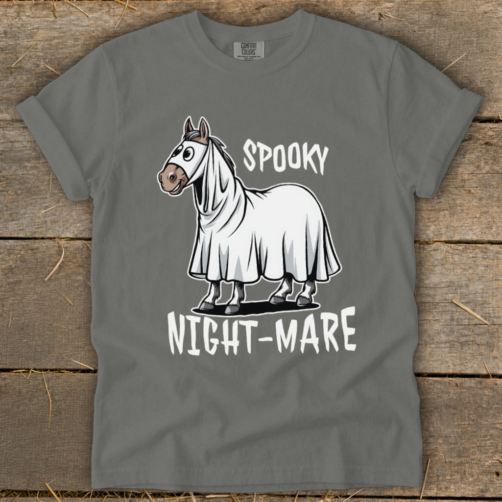 Horse wearing a ghost costume with text "SPOOKY NIGHT-MARE".