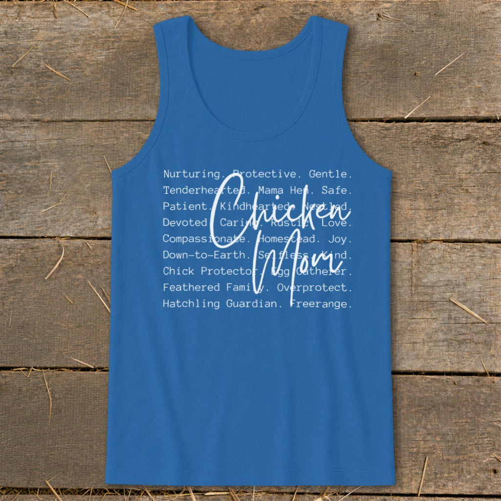 Blue tank top with "Chicken Mom" graphic and descriptive words.