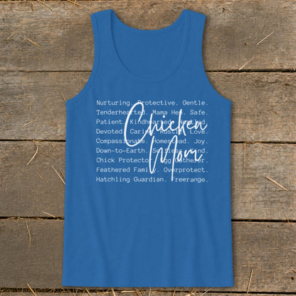 Blue tank top with "Chicken Mom" graphic and descriptive words.