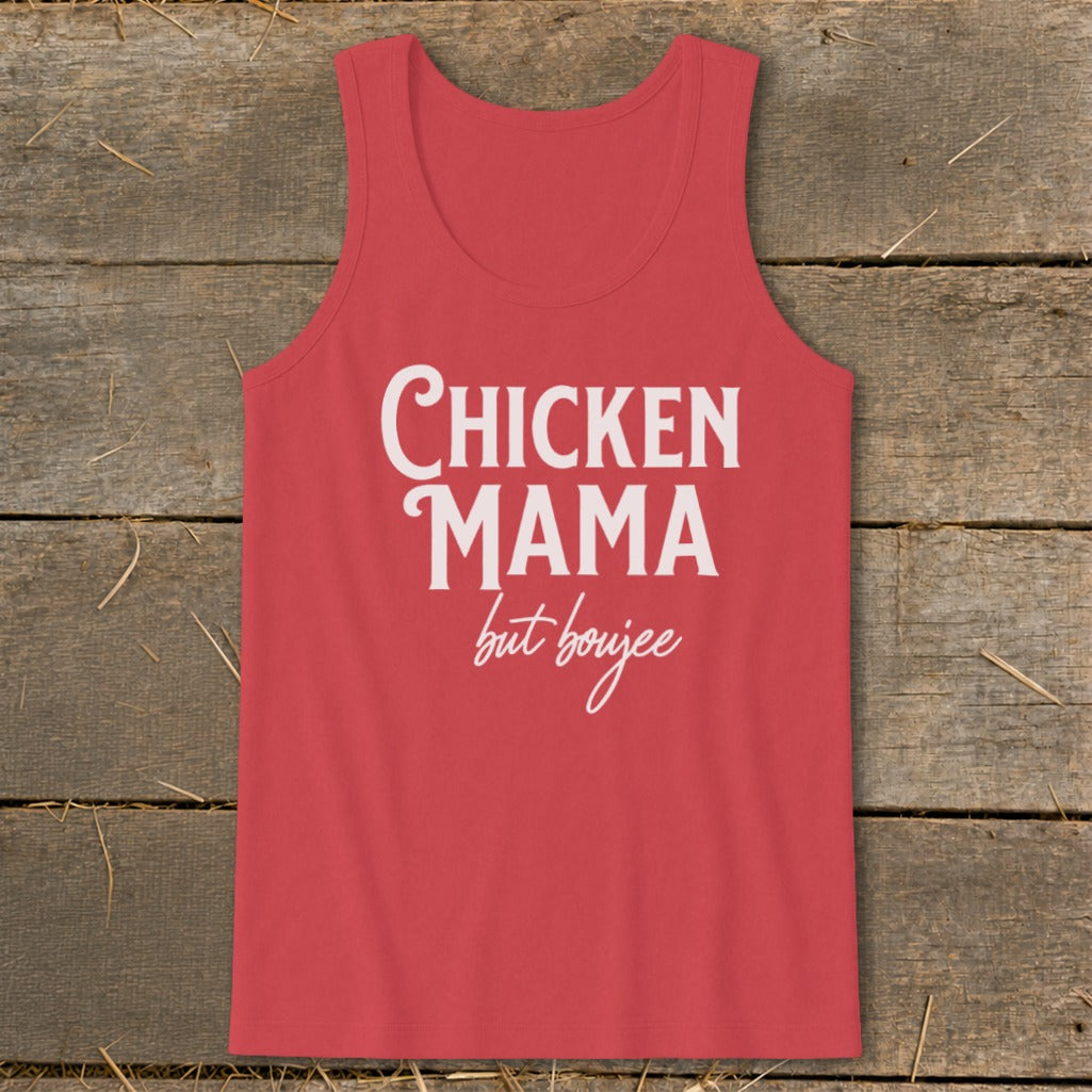 Coral tank top with white text reading "CHICKEN MAMA but boujee".