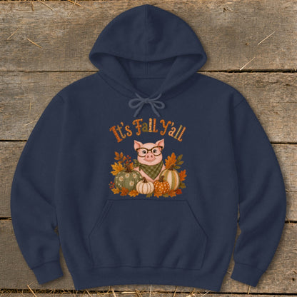 Navy hoodie with a pig, pumpkins, and fall leaves with "It's Fall Y'all" text.
