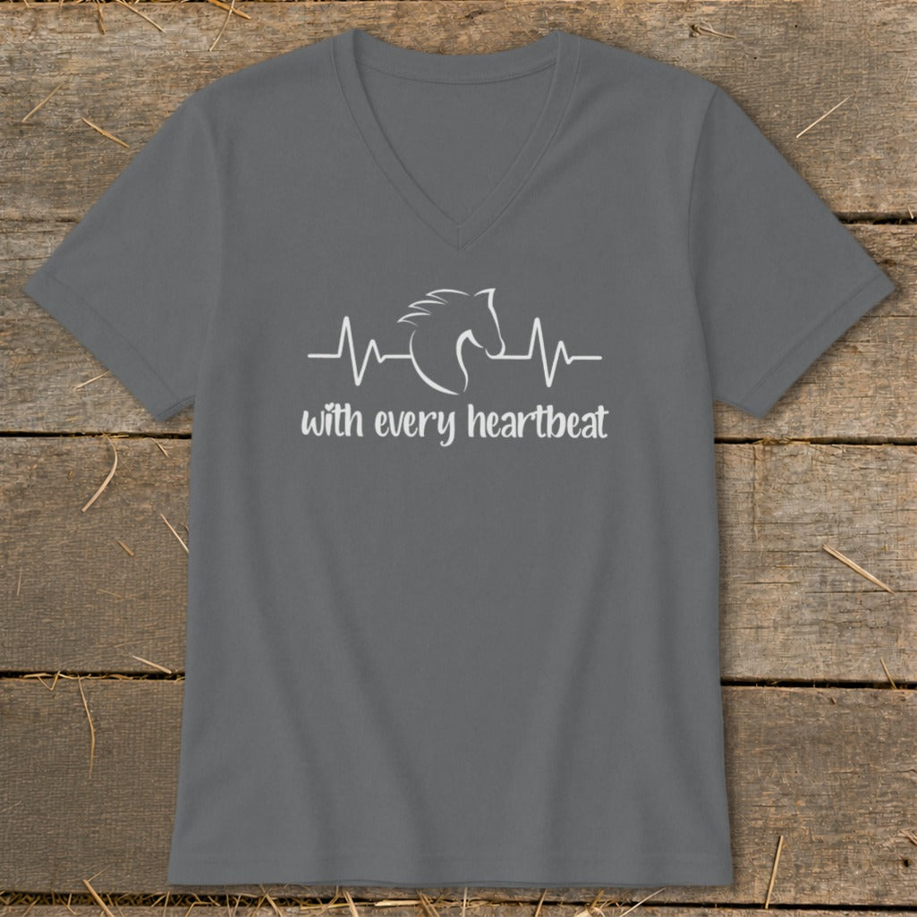 Grey v-neck t-shirt with white horse and heartbeat graphic and "with every heartbeat" text.