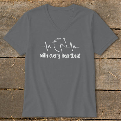 Grey v-neck t-shirt with white horse and heartbeat graphic and "with every heartbeat" text.